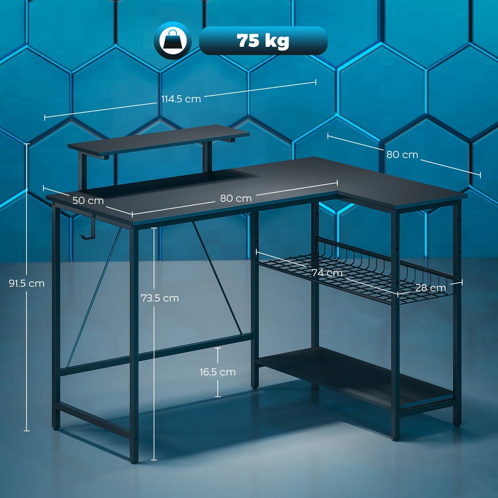 HOMCOM Birou gaming reversibil, birou de colț, suport pentru monitor, etajeră din plasă reglabilă, 114,5x82x91,5cm, negru | Aosom Romania