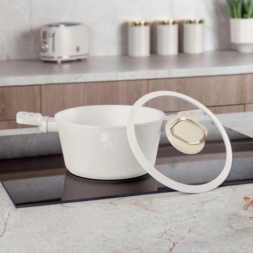Oală cu capac 20 cm, 2.5L – Berlinger Haus Sahara Collection BH 8070, crem, cu strat antiaderent cu titan, pentru gătit zilnic