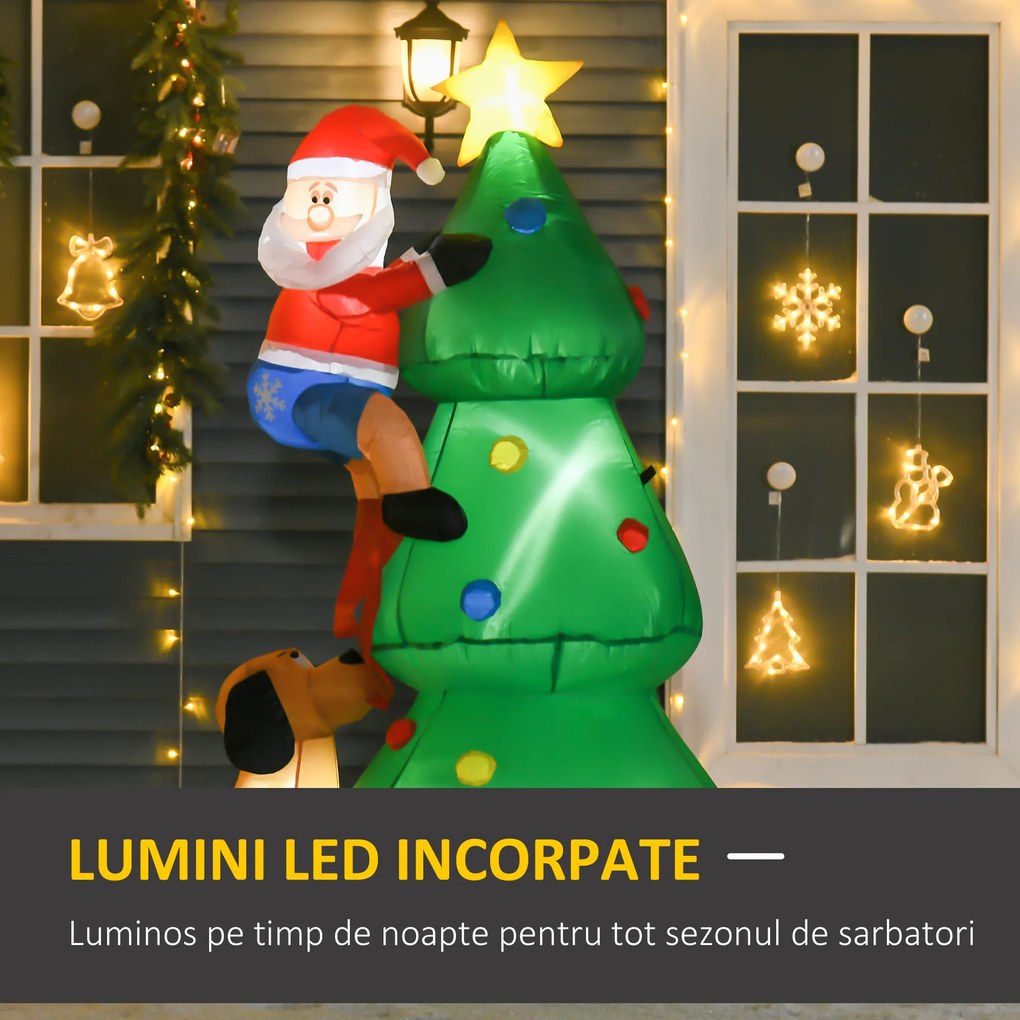 HOMCOM Pom de Craciun Gonflabil cu Mos Craciun si Catelus si Lumini LED, Decoratiune de Craciun pentru Exterior | Aosom Romania