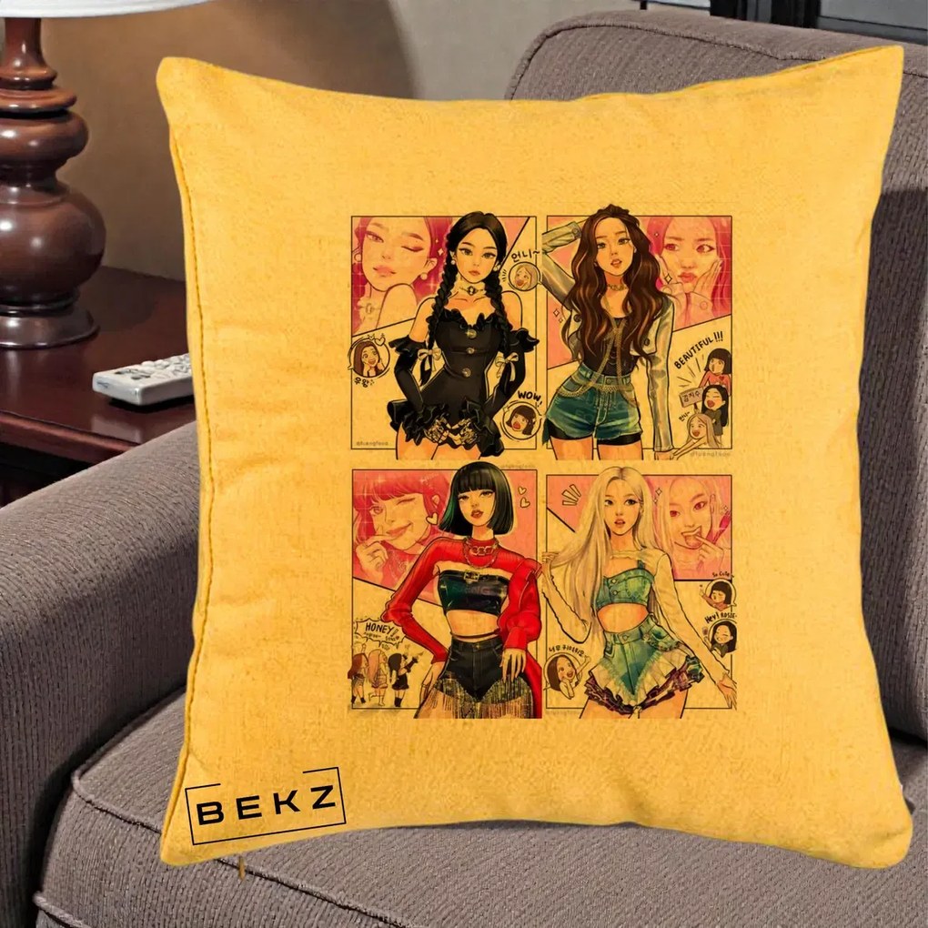Perna Personalizata K-pop BLACKPINK Fanart Manga Benzi Desenate 4 Membre, 40x40 cm, Galben, Husa Detasabila, Perna Inclusa, BEKZ®