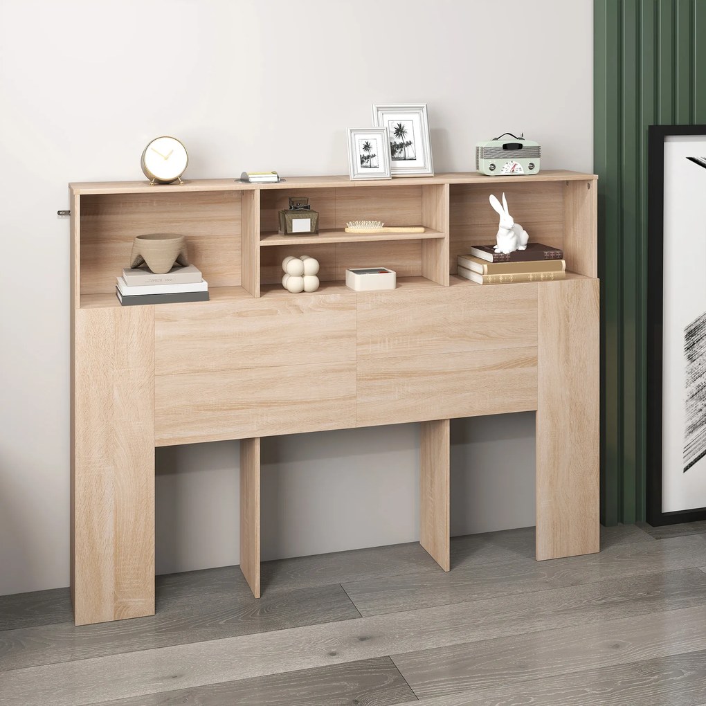 HOMCOM Tăblie pe picioare cu depozitare, accesoriu pentru pat cu 4 compartimente deschise, 140 x 19 x 103,5 cm, efect lemn natural | Aosom Romania