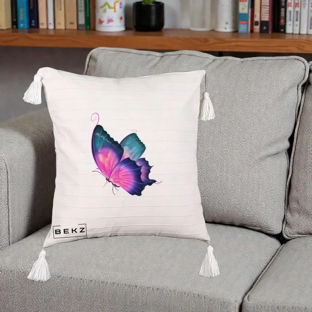 Perna Decorativa Fluture Neon, 40x40 cm, Bej cu Franjuri, Husa Detasabila, Perna Inclusa, BEKZ®