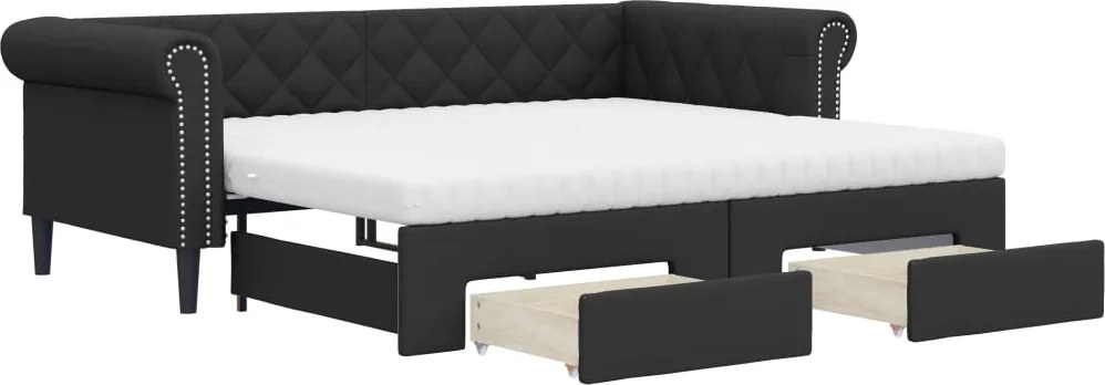 vidaXL Pat de zi cu extensie și sertare negru 90x200cm piele ecologică