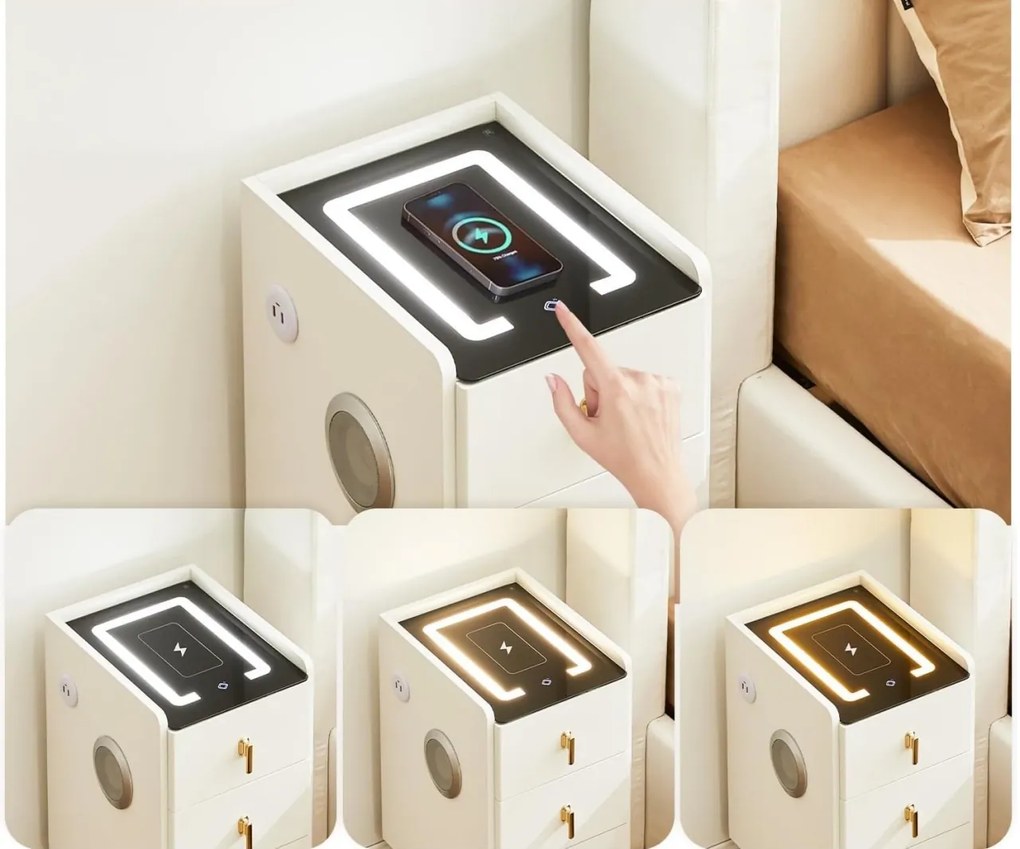 NOA1 - Set 2x Noptiere Smart, 30 cm, cu 3 sertare, LED, USB, Bluetooth, Incarcator Wireless, mobilier dormitor - Alb