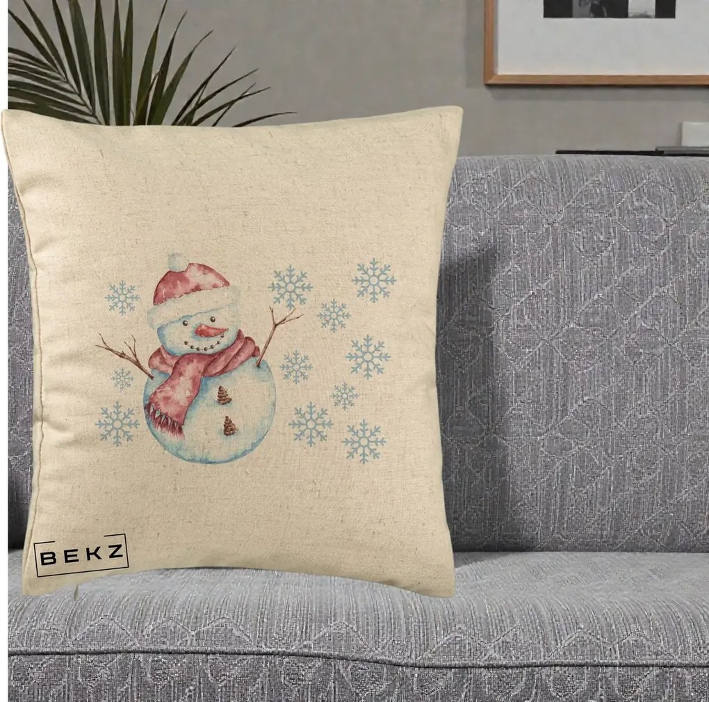 Perna Decorativa Om de Zapada Rosu cu Fulgi, 40x40 cm, Bej, Husa Detasabila, Perna Inclusa, BEKZ®