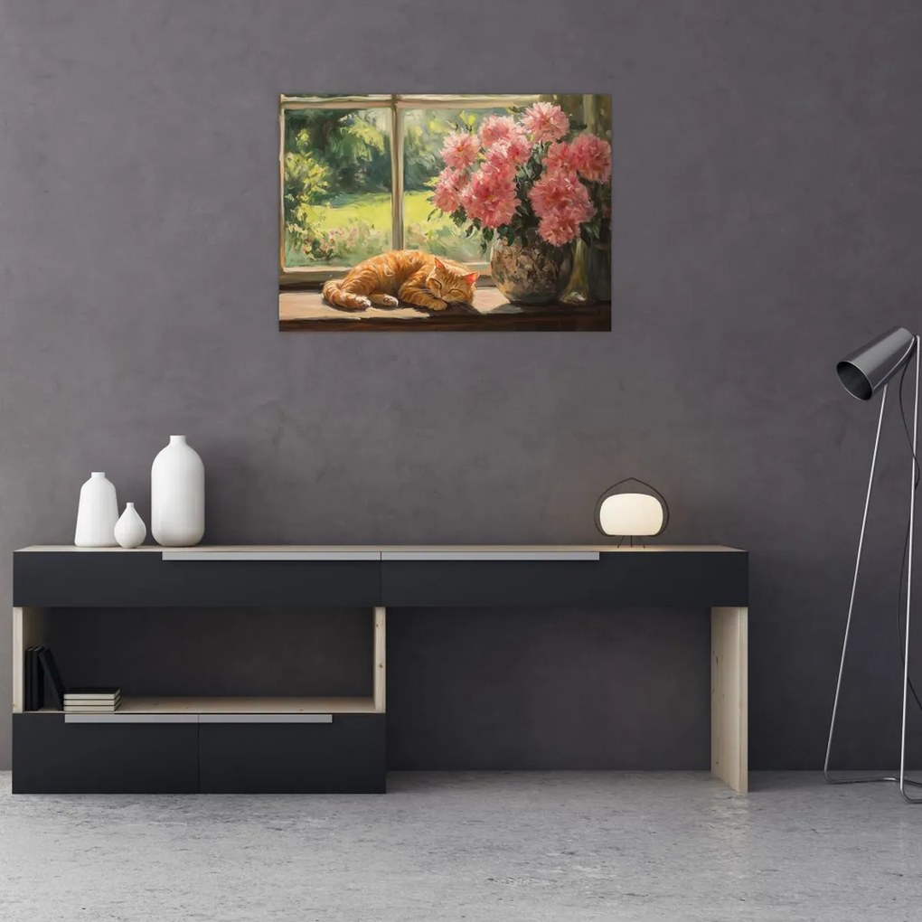 Tablou pe sticlă - Pisică la fereastră (70x50 cm)