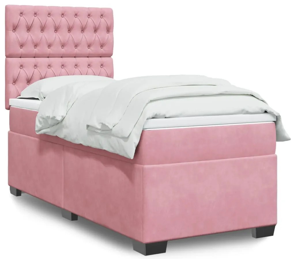 vidaXL Pat box spring cu saltea, roz, 90x200 cm, catifea