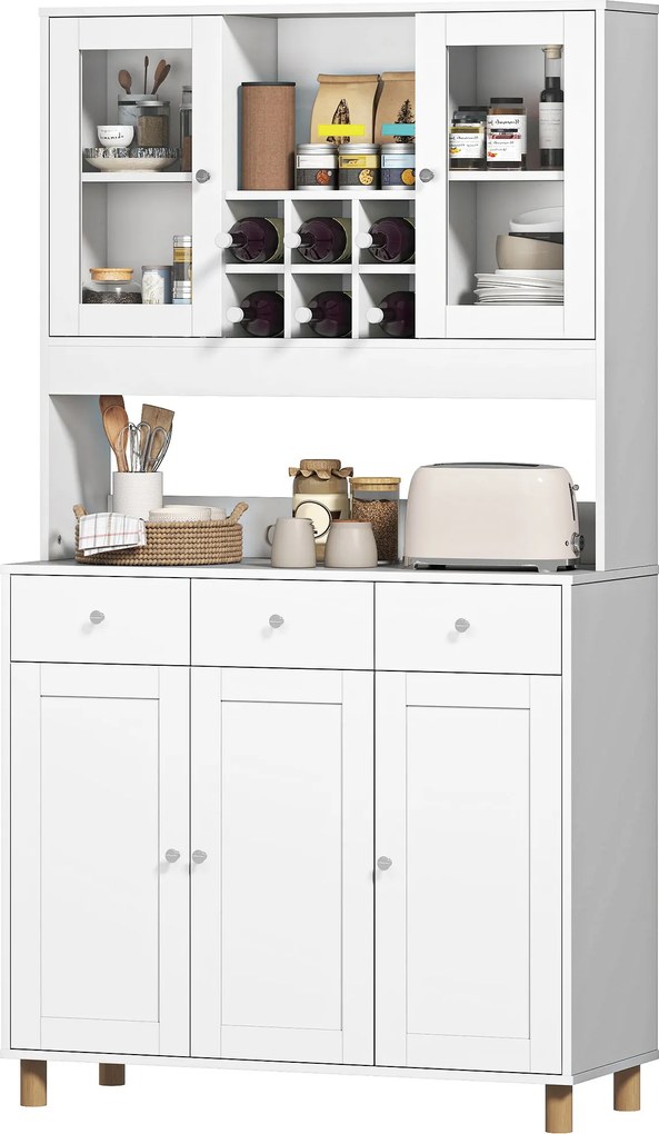 HOMCOM Dulap de bucătărie 180 cm, 2 uși din sticlă, 3 sertare, 4 rafturi reglabile, dulap pentru sufragerie, Spanplatte, Weiß | Aosom Romania