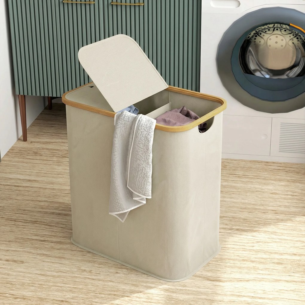 HOMCOM Coș Pentru Rufe 80L cu Capac Din Bambus, Bej | Aosom Romania