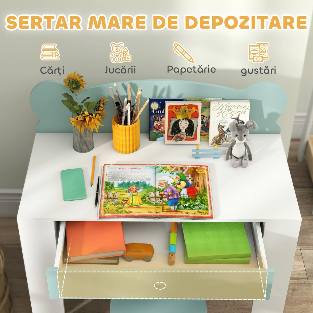 AIYAPLAY Set Birou cu Sertar și Scaun Ursuleț pentru Copii 3-8 Ani Verde | Aosom Romania