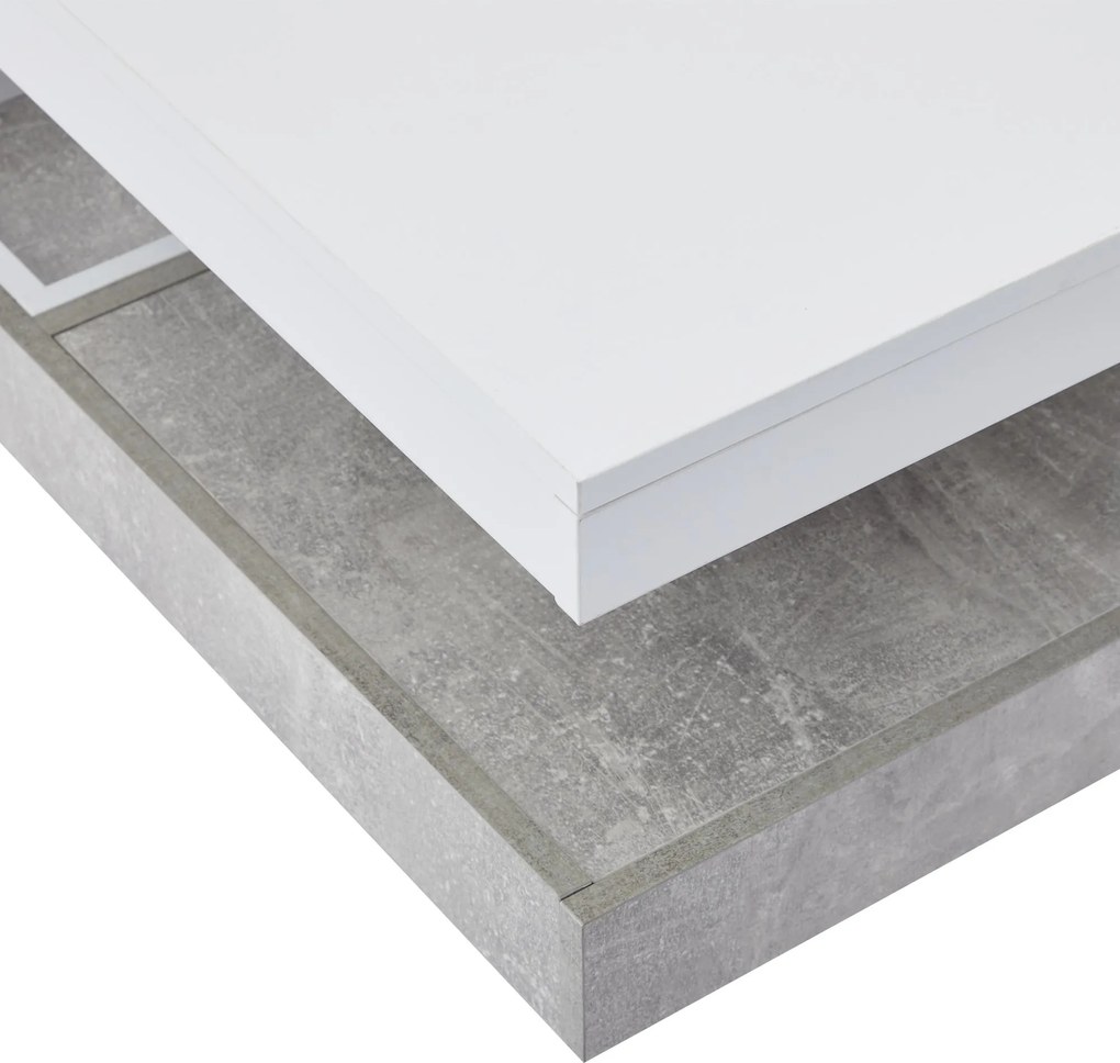 Măsuță de cafea lucioasă, rotativă la 360°, cu blat pe 2 niveluri și compartiment de depozitare, 70x70x36 cm, Alb