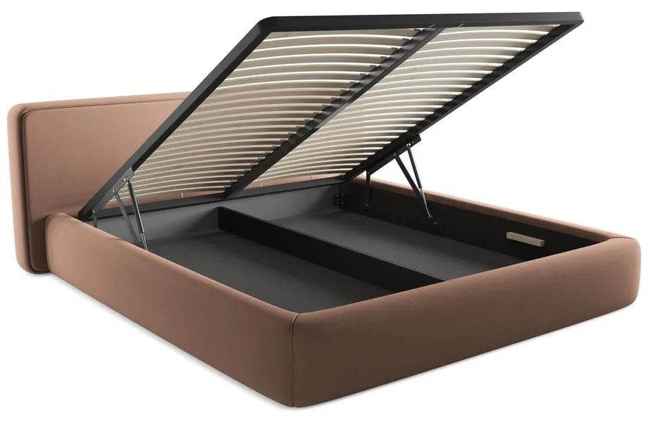 Pat matrimonial roz deschis tapițat cu spațiu de depozitare cu somieră 180x200 cm Kiana – Makamii