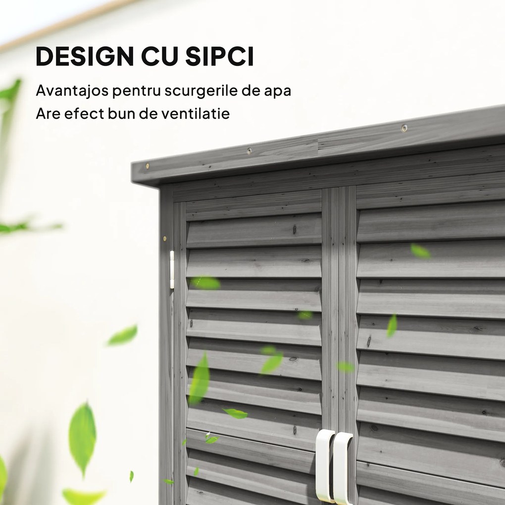 Outsunny Dulap de Grădină din Lemn de Brad cu Uși cu Obloane și 2 Polițe, 87x46,5x96,5cm, Gri | Aosom Romania