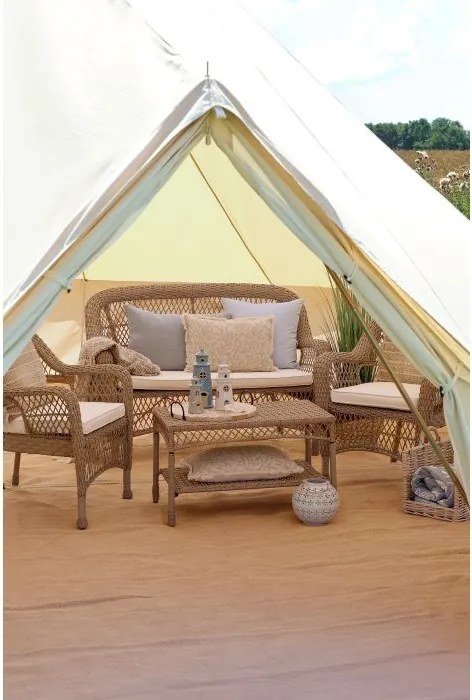 Set lounge exterior boho chic din rattan sintetic cu canapea, 2 fotolii și măsuță, perne incluse, "Riviera"