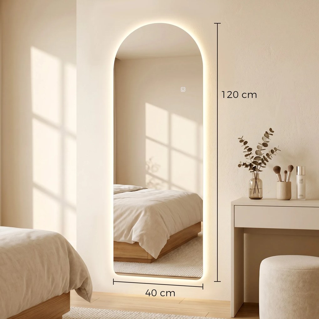 HOMCOM Oglindă de Perete în Formă de Arc cu Iluminare LED, Control Tactil și Sticlă Călită, 40x3x120 cm, Transparentă | Aosom Romania