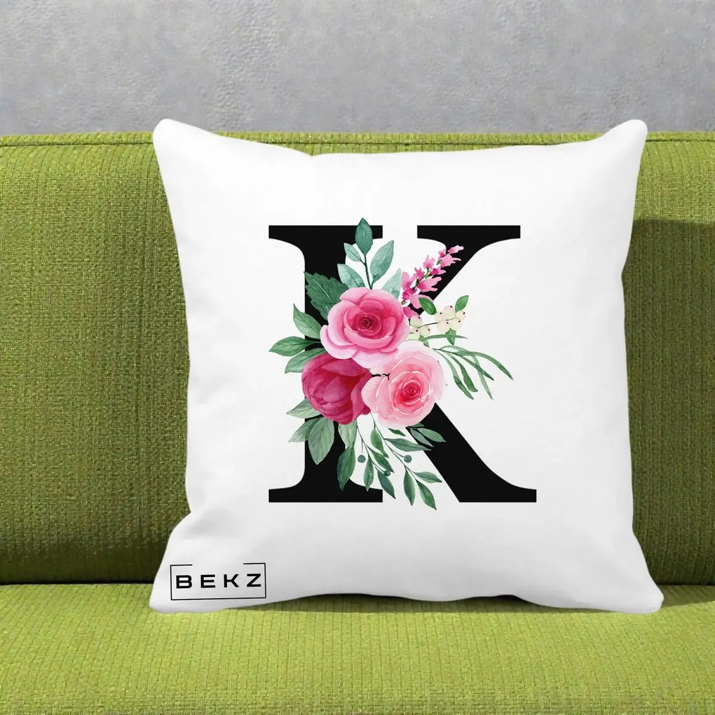 Cadou Personalizat - Perna Personalizata Monograma Florala Litera K, 40x40 cm, Alba Mata, Husa Detasabila, Perna Inclusa, BEKZ®
