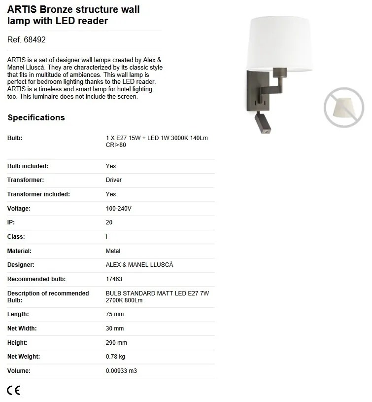 Aplica cu reader LED stil clasic design elegant ARTIS bronz/alb