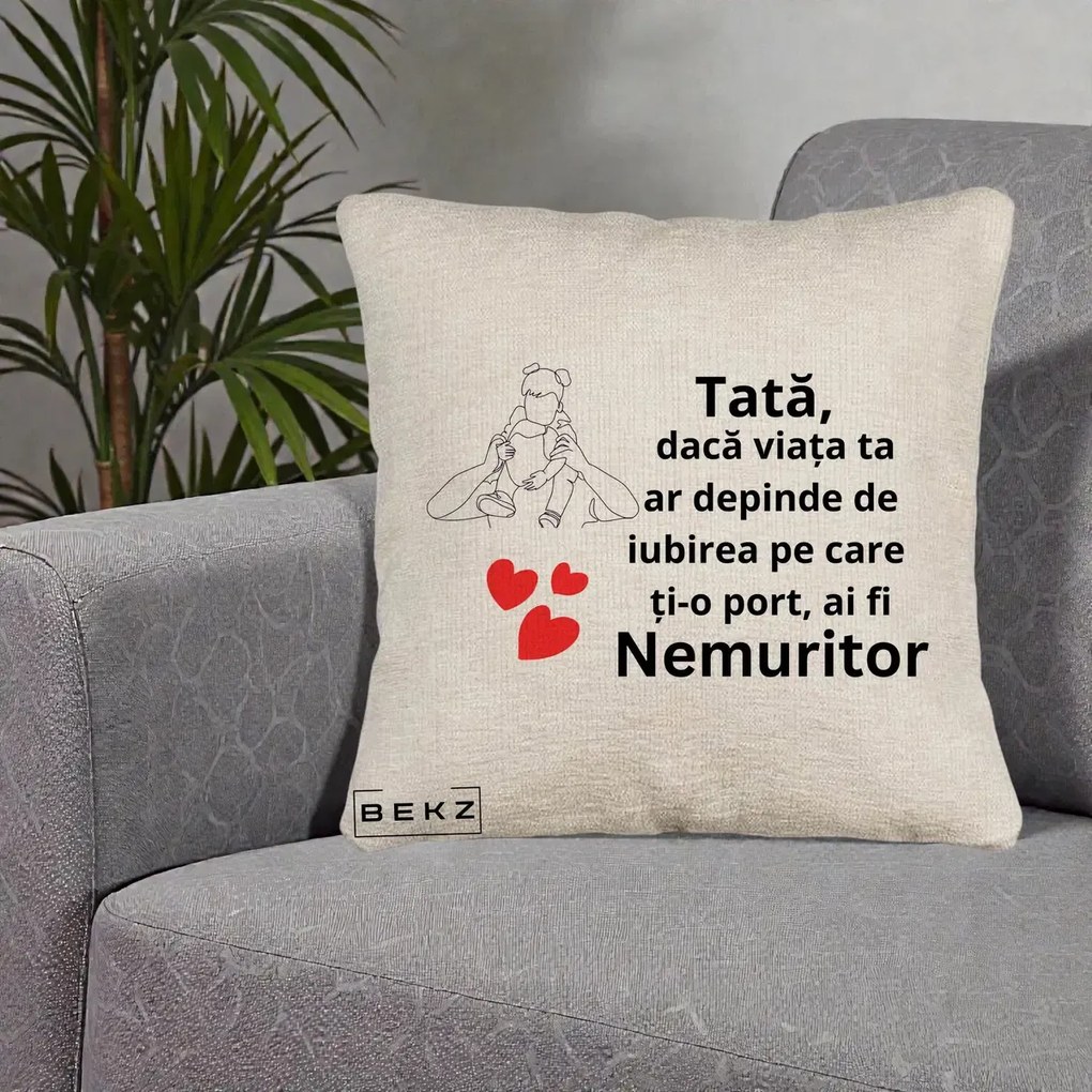 Cadou pentru Tata - Perna Personalizata Tata Nemuritor Mesaj, 40x40 cm, Bej Canapea, Husa Detasabila, Perna Inclusa, BEKZ®