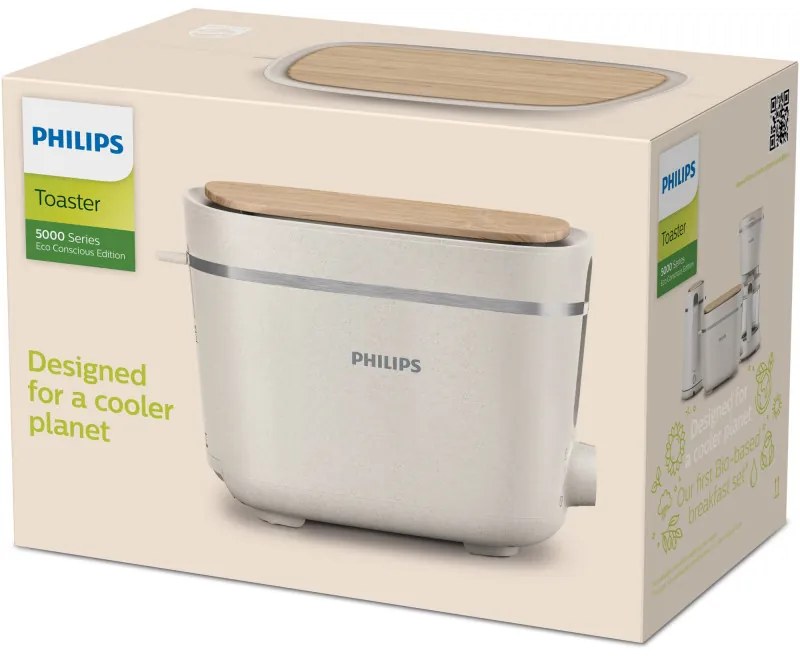 Toaster Philips HD2640/10 Conscious collection, 830 W, Pentru 2 felii, 8 niveluri de coacere, Tavă de firimituri, Dezghețare, Reîncălzire, Alb mat