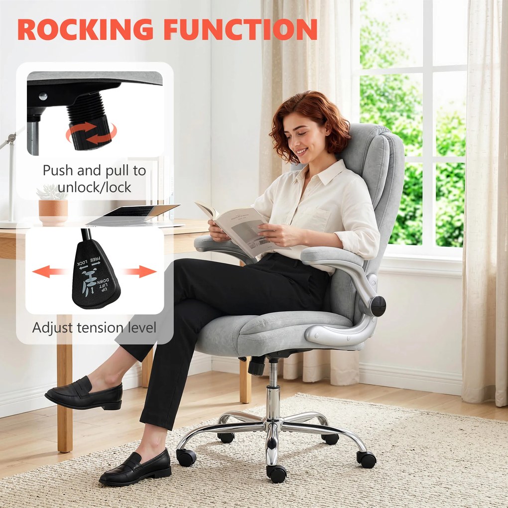 Scaun Ergonomic HOMCOM, Spătar Înalt, Tapițat în Catifea Imprimată, Cotiere Rabatabile, Alb Crem | Aosom Romania