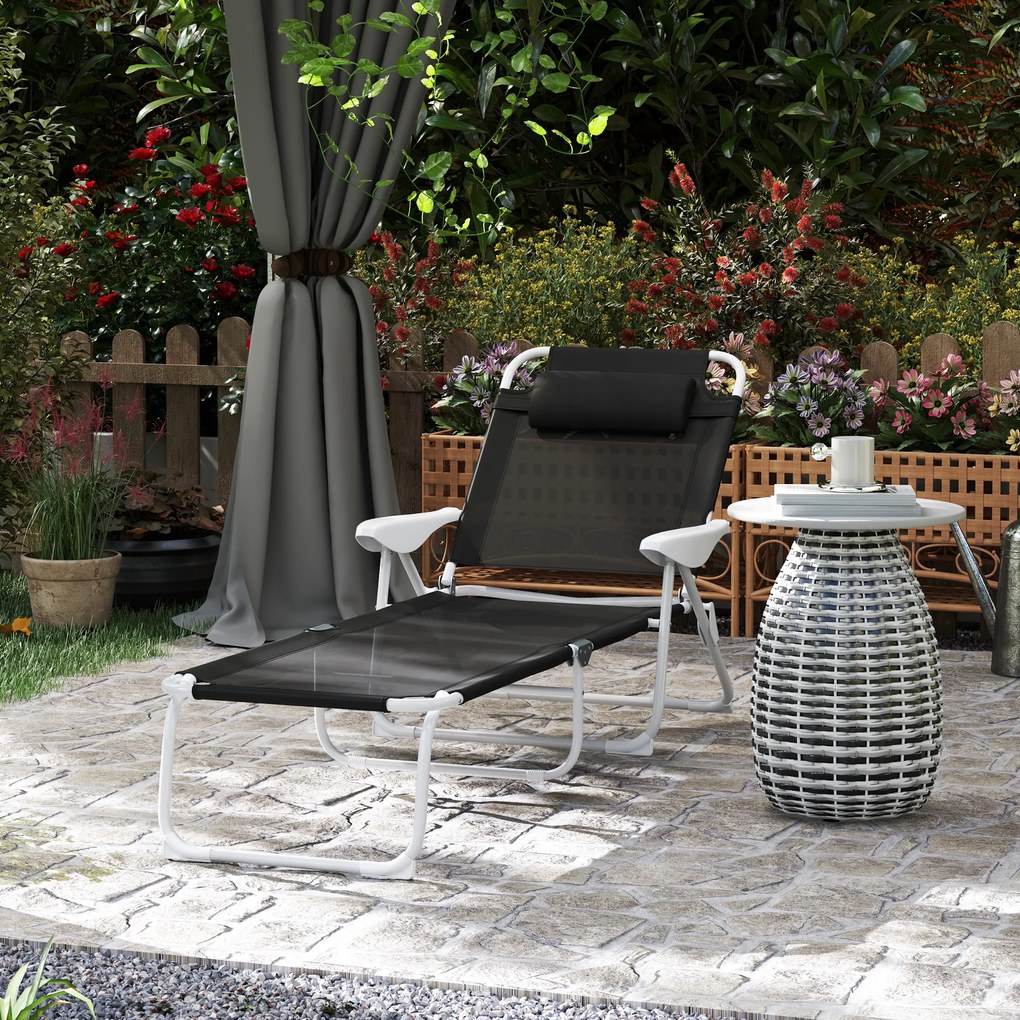 Outsunny Șezlong pliabil pentru grădină cu pernă, scaun cu spătar reglabil în 4 poziții până la 120 kg Negru | Aosom Romania