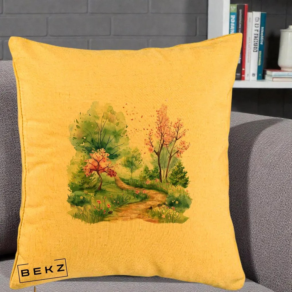 Perna Decorativa Gradina Primavara Acuarela, 40x40 cm, Galben, Husa Detasabila, Perna Inclusa, BEKZ®