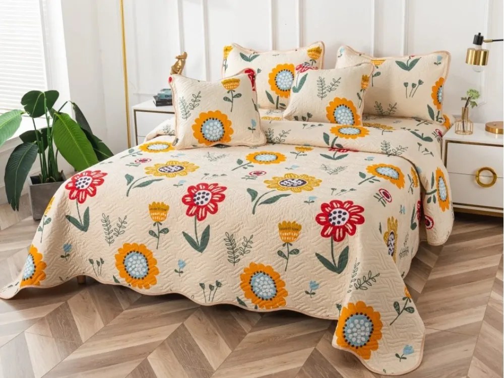Cuvertura pat dublu din Bumbac Finet  5 PIESE  Crem-Multicolor  flori