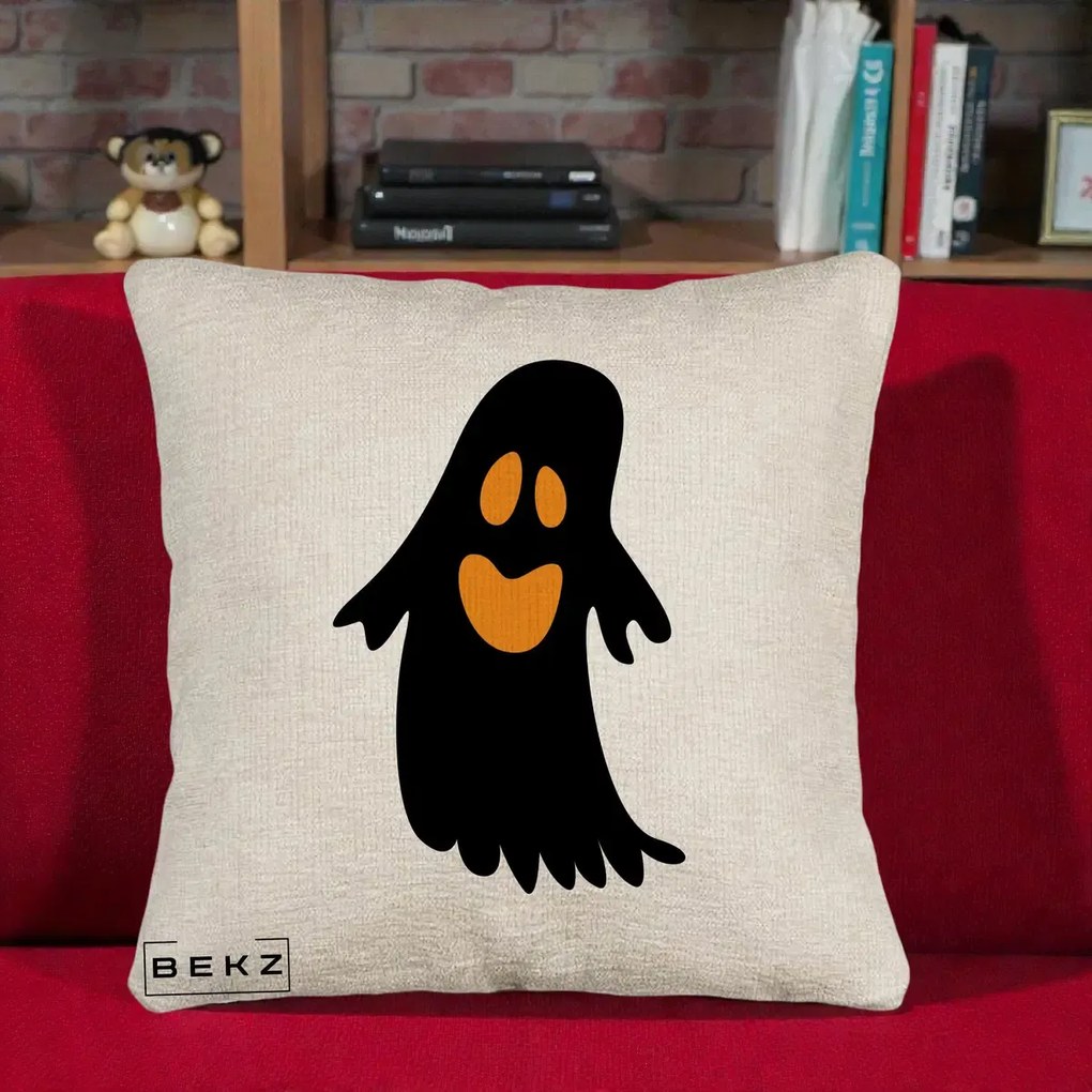 Perna Decorativa Halloween Fantoma Neagra cu Ochi Portocalii, 40x40 cm, Bej Canapea, Husa Detasabila, Perna Inclusa, BEKZ®