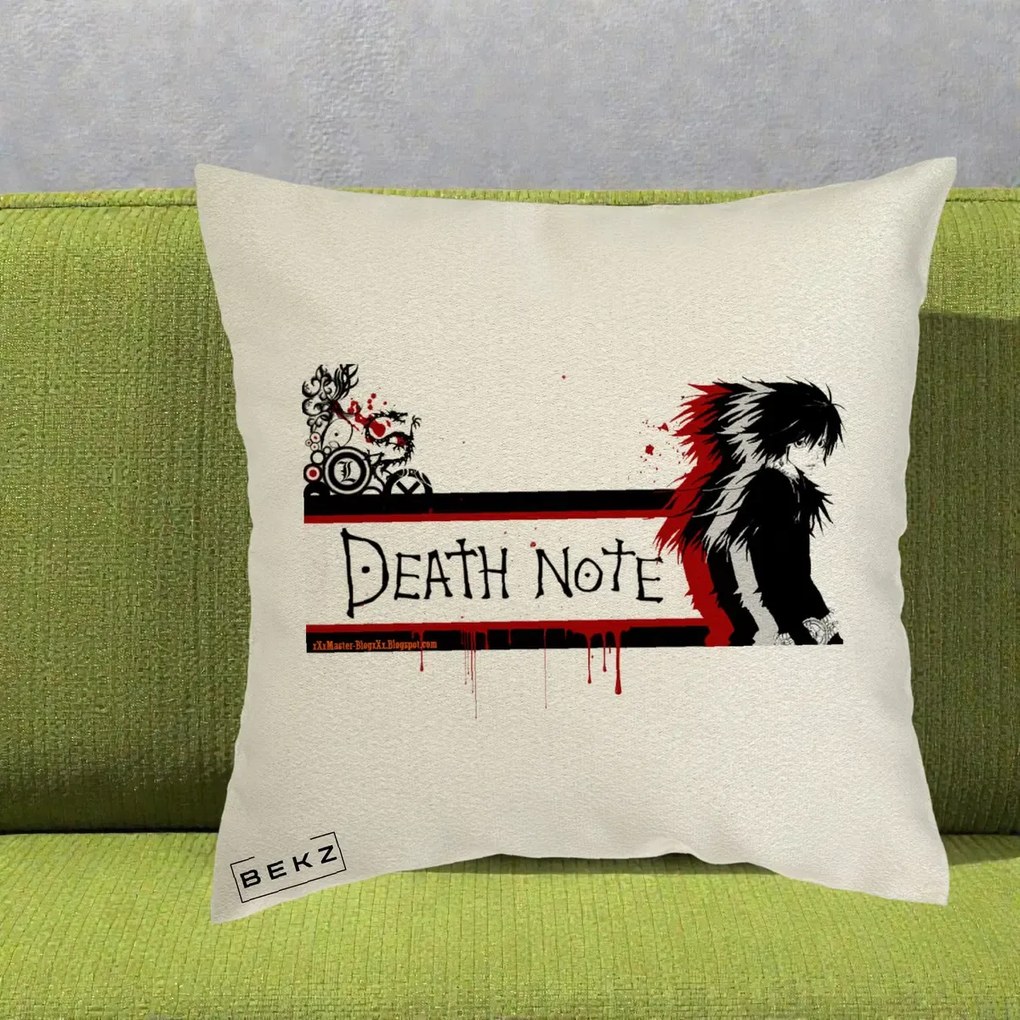 Perna Personalizata Death Note L Lawliet Rosu-Negru, 40x40 cm, Ecru, Husa Detasabila, Perna Inclusa, BEKZ®