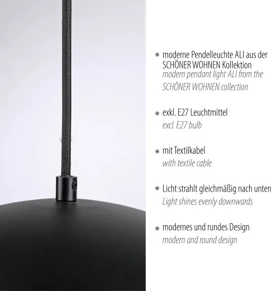 Schöner Wohnen 11728-18 - Lampă suspendată ALI pe cablu, 1xE27/25W/230V, Ø 38 cm, negru