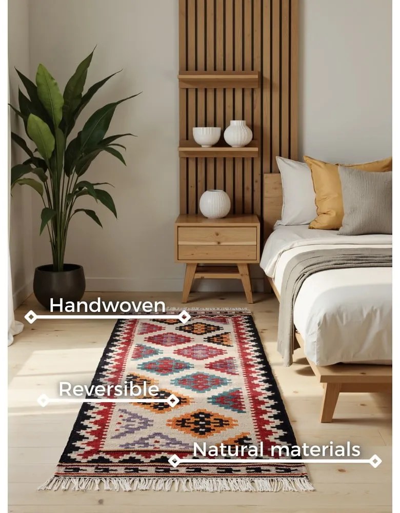 Covor tip traversă roșu reversibil, țesut manual din lână 60x190 cm Kamal Kian – Nouristan