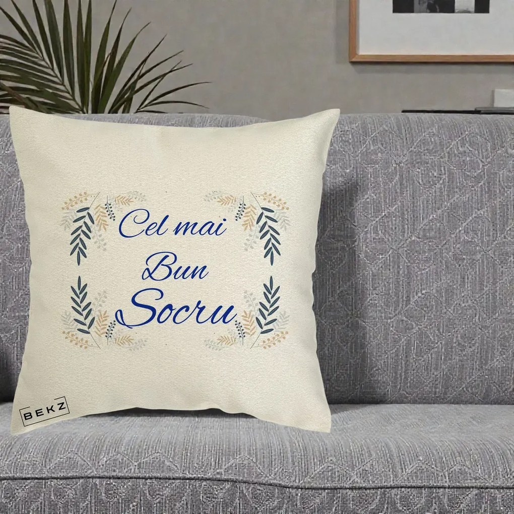 Cadou pentru Socru - Perna Personalizata Cel mai Bun Socru cu Ramuri Frunze Albastre si Aurii, 40x40 cm, Ecru, Husa Detasabila, Perna Inclusa, BEKZ®