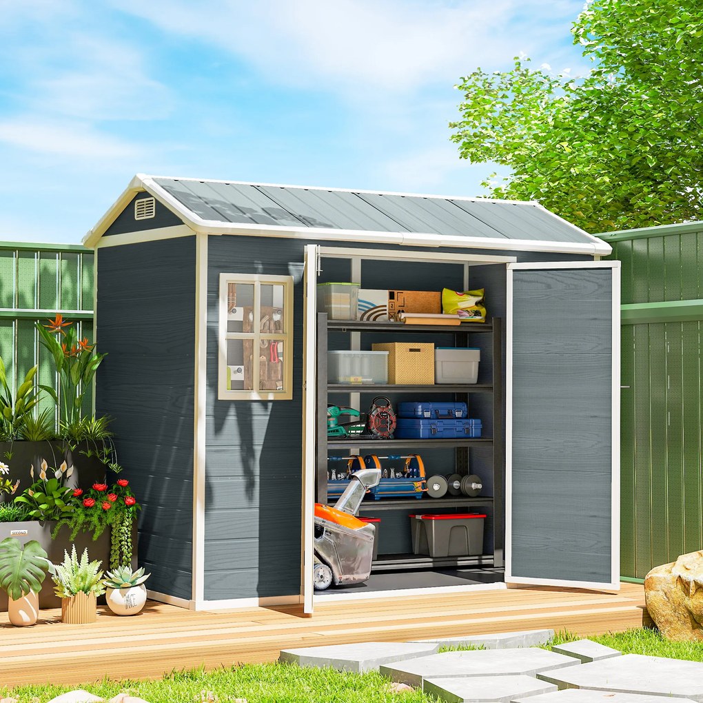 Outsunny Magazie pentru scule 2,77 m², magazie cu aspect lemn 2 ferestre ușă dublă ventilație pardoseală încuietoare mănuși | Aosom Romania