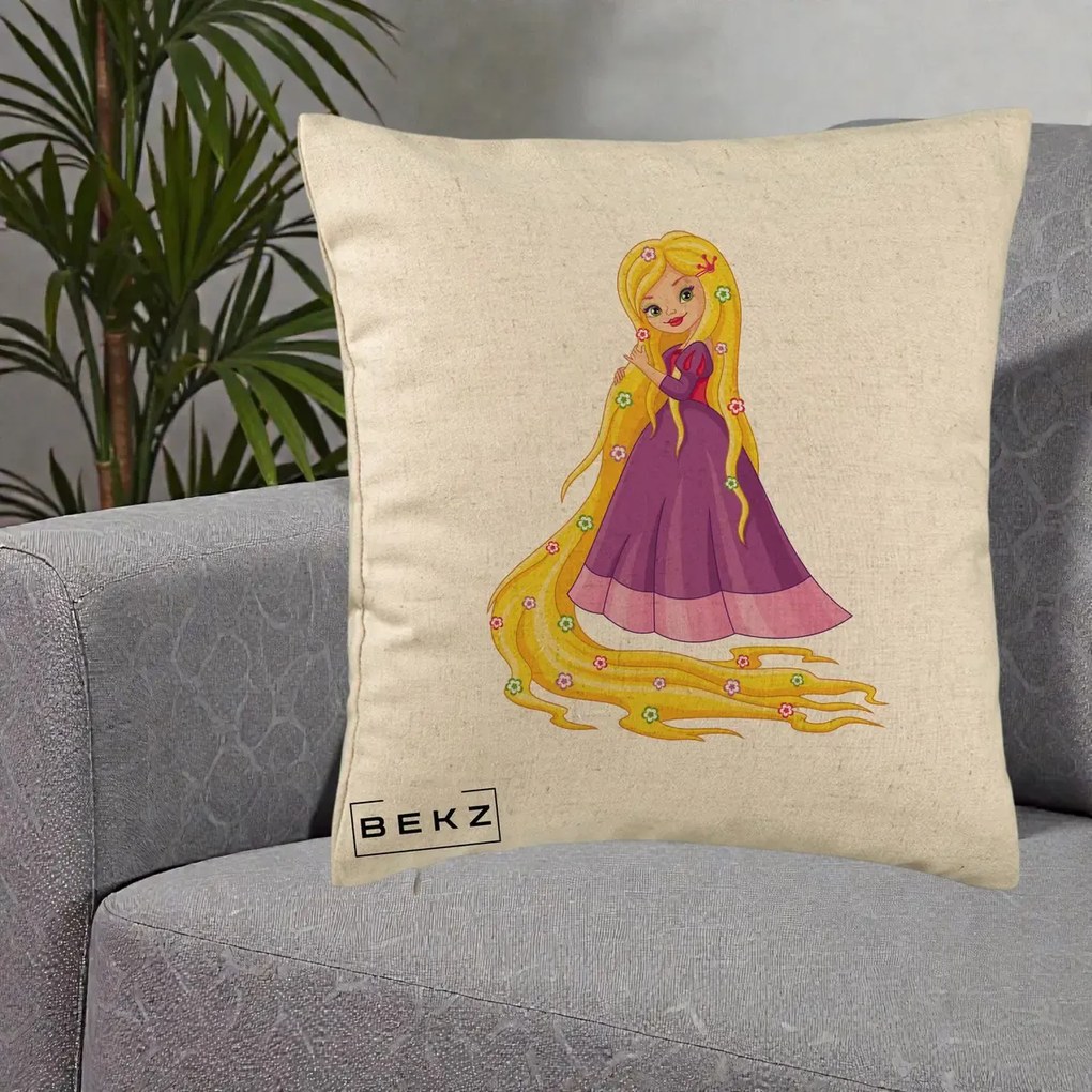Perna Personalizata Rapunzel Par Lung Floral, 40x40 cm, Bej, Husa Detasabila, Perna Inclusa, BEKZ®