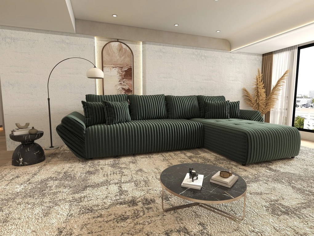 Colțar extensibil dumonde cu ladă de depozitare si sezut confortabil din spuma high-density, Berlin XL Ambience Green II 350x185 cm