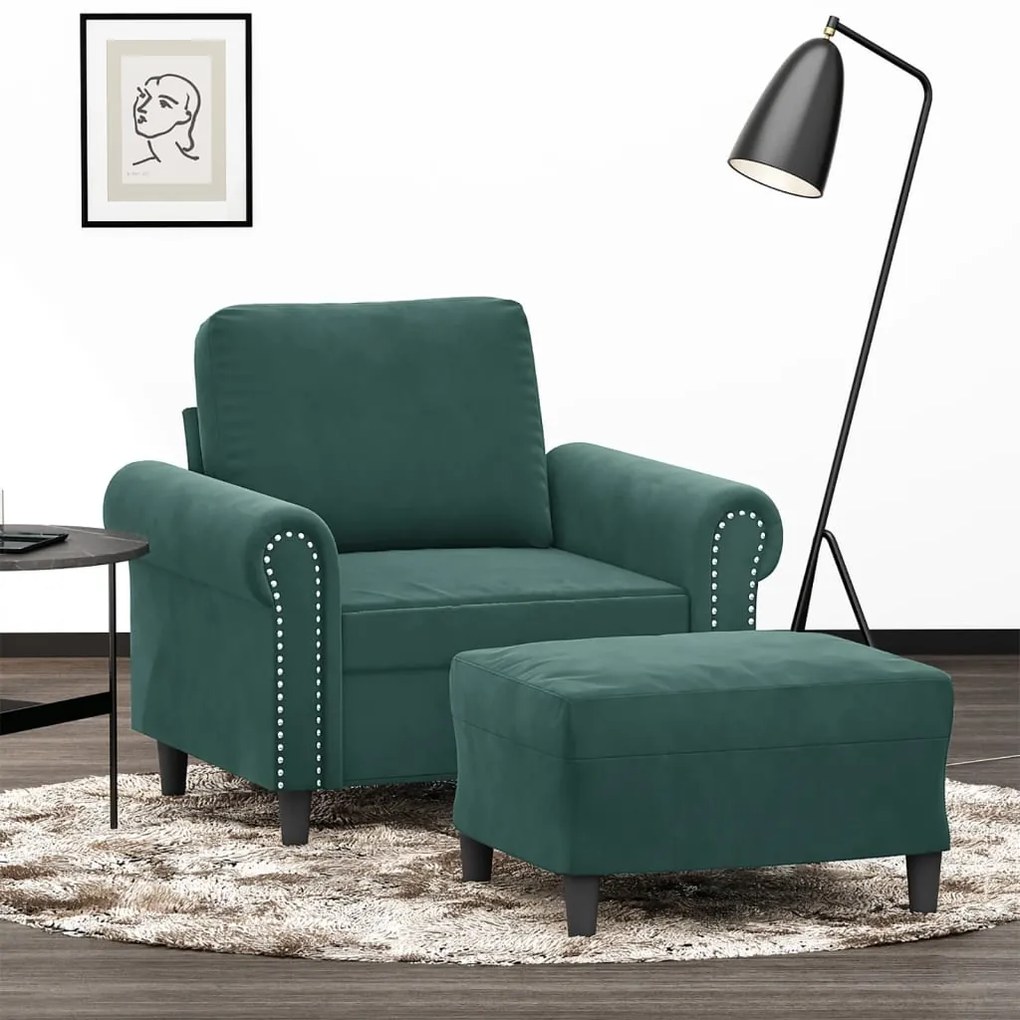 vidaXL Fotoliu canapea cu taburet, verde închis, 60 cm, catifea