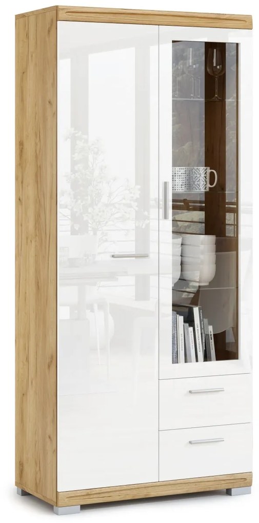Mazzoni Set de mobilier SIMPLE Stejar Craft Auriu/Alb Luciu - VITRINĂ RAFTURI SUSPENDAT COMODĂ PENTRU LIVING