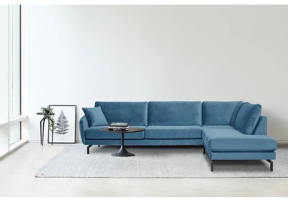 Colțar albastru din catifea (cu șezlong pe partea dreaptă) Magic - Scandic