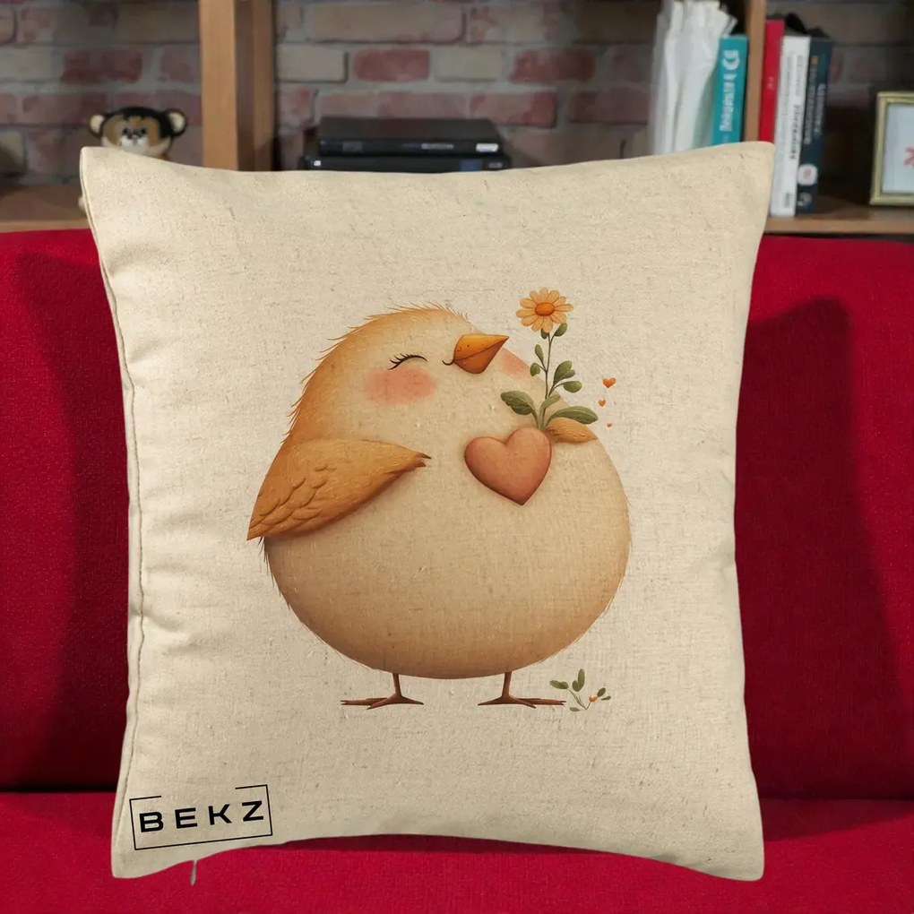Perna Decorativa Pui cu Inima si Floarea-Soarelui, 40x40 cm, Bej, Husa Detasabila, Perna Inclusa, BEKZ®