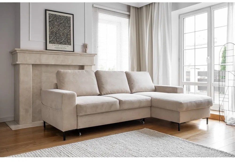 Colțar bej extensibil cu tapițerie din catifea reiată (cu colț pe partea dreaptă) Lofty Lilly – Miuform