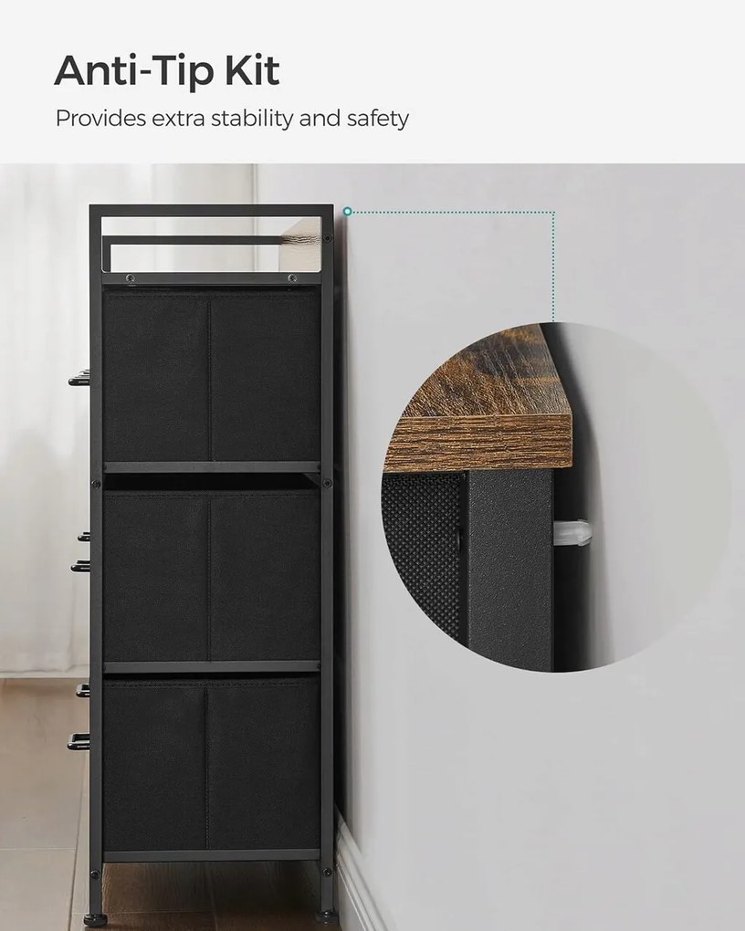 Comoda cu 7 sertare textile, Songmics, 98 x 28.5 x 85 cm, otel/poliester/tesatura Oxford, maro rustic