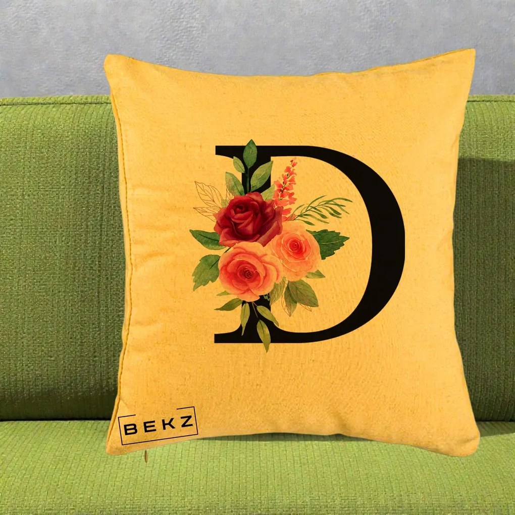 Cadou Personalizat - Perna Personalizata Monograma Florala Litera D, 40x40 cm, Galben, Husa Detasabila, Perna Inclusa, BEKZ®