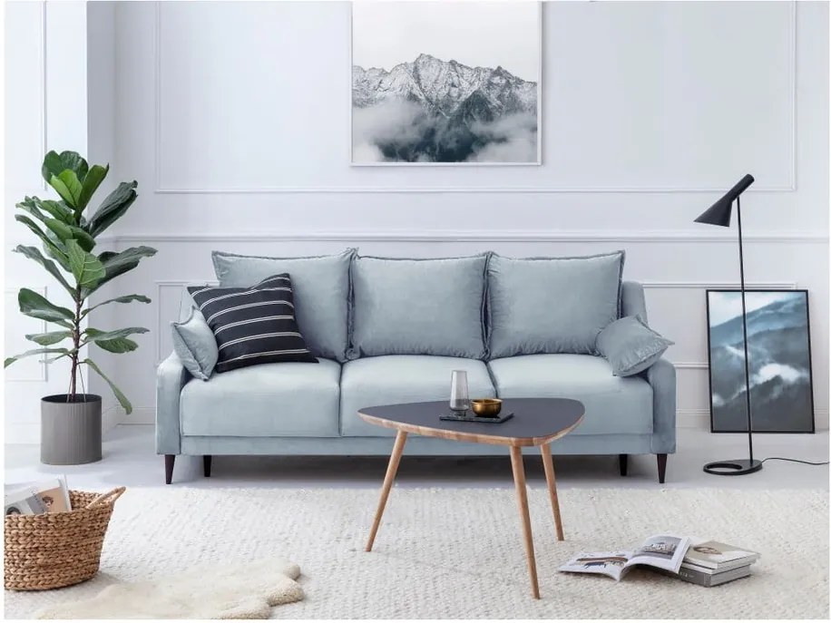 Canapea extensibilă cu 3 locuri și spațiu de depozitare Mazzini Sofas Freesia, albastru deschis, 215 cm