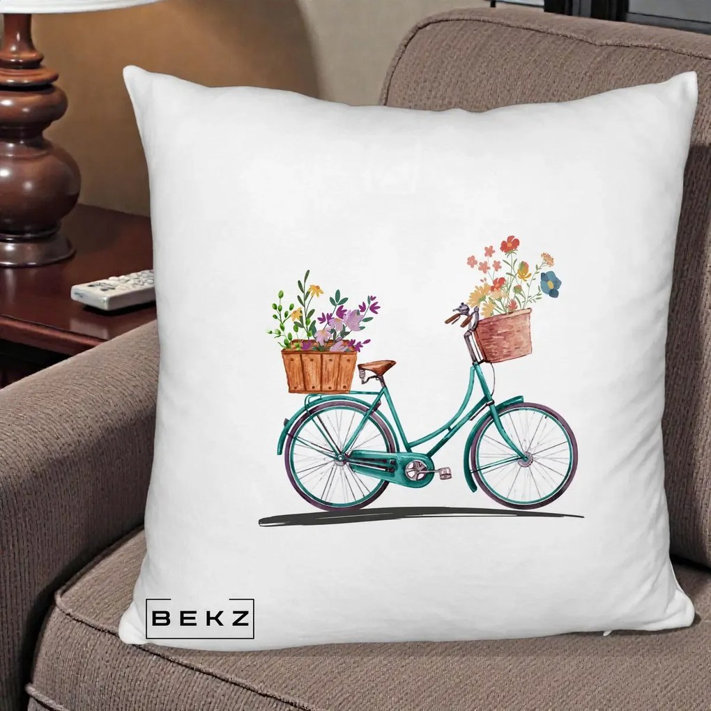 Perna Decorativa Bicicleta Florala Turcoaz Acuarela, 40x40 cm, Alb Pufos, Husa Detasabila, Perna Inclusa, BEKZ®