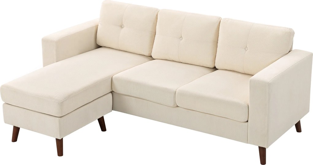HOMCOM Canapea colțar 192 cm în formă de L, canapea 3 locuri cu chaise-longue reversibilă, aspect cord, pentru spații mici, alb crem | Aosom Romania