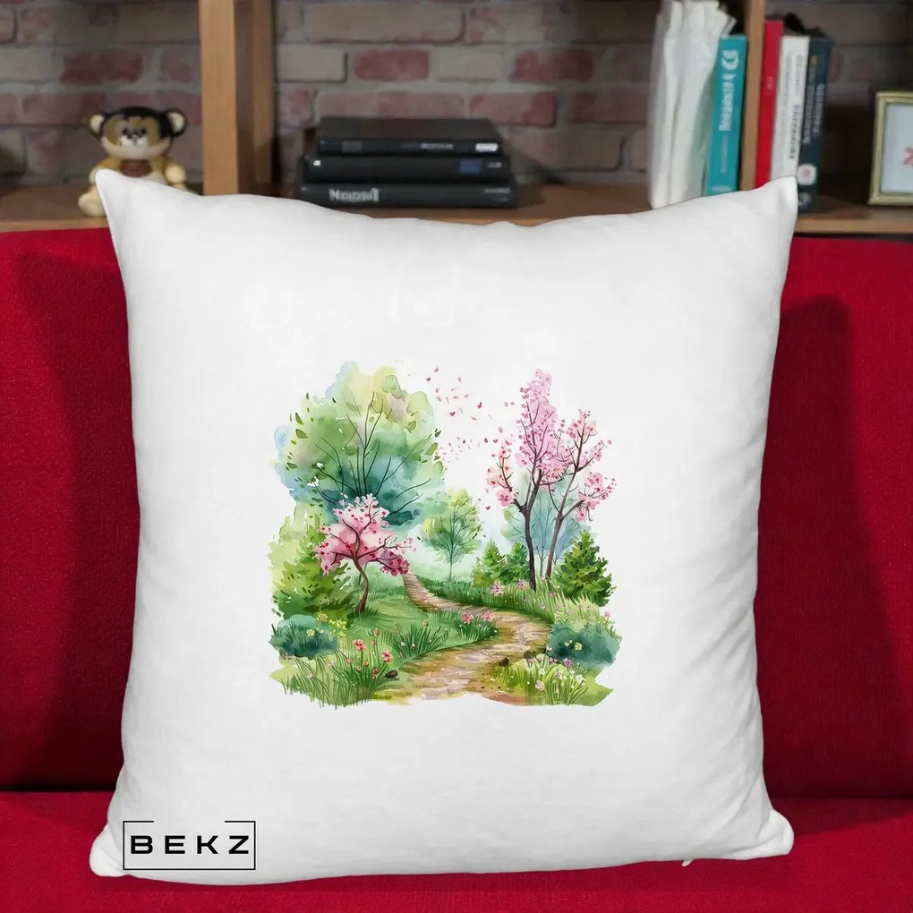 Perna Decorativa Gradina Primavara Acuarela, 40x40 cm, Alb Pufos, Husa Detasabila, Perna Inclusa, BEKZ®