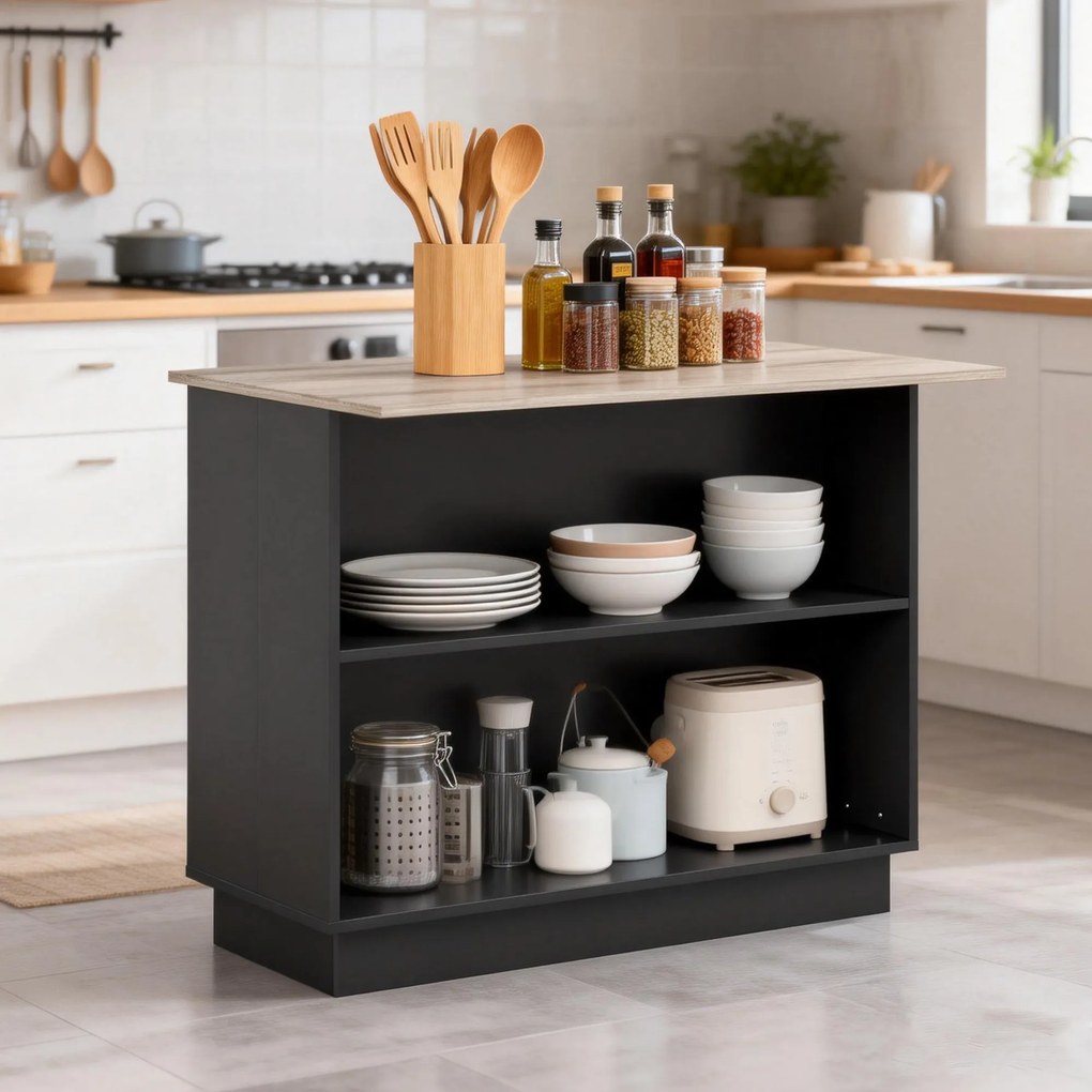 HOMCOM Insulă de Bucătărie cu Bar, Cărucior de Bucătărie cu 2 Compartimente Deschise și 2 Dulapuri, 105x60x82 cm, Negru | Aosom Romania