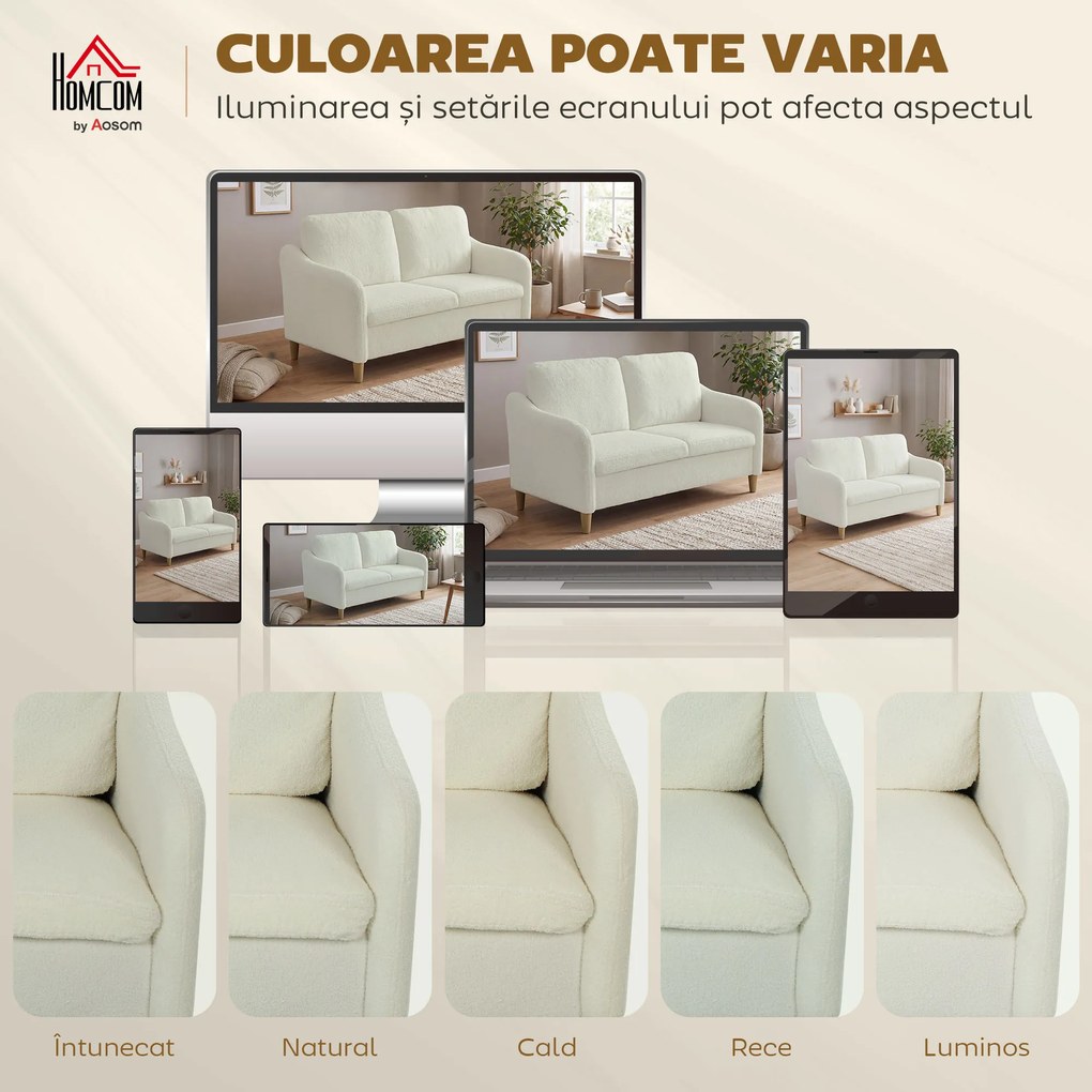HOMCOM Divan 2 Locuri Imbottit în Sherpa cu Perne Detașabile, Picioare din Lemn de Eucalipt, Design Compact pentru Living, 137x69x82 cm, Crem | Aosom Romania