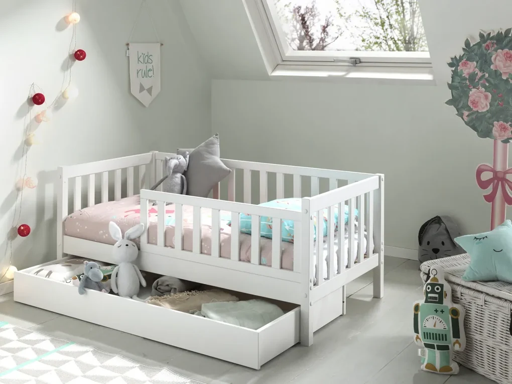 Pat Toddler alb pentru copii mici, 70 x 140 cm, cu sertar de depozitare – Vipack