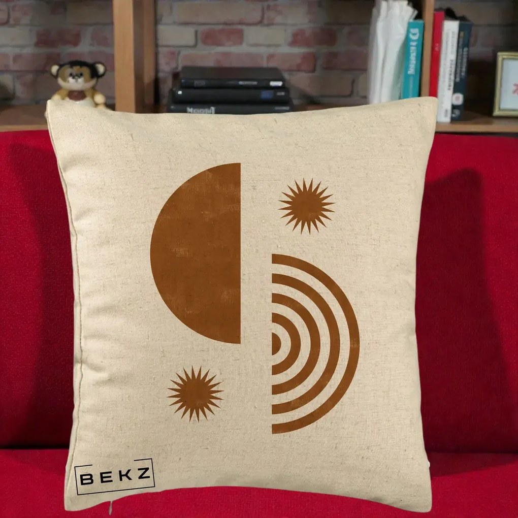 Perna Decorativa Boho Sun si Spirala, 40x40 cm, Bej, Husa Detasabila, Perna Inclusa, BEKZ®